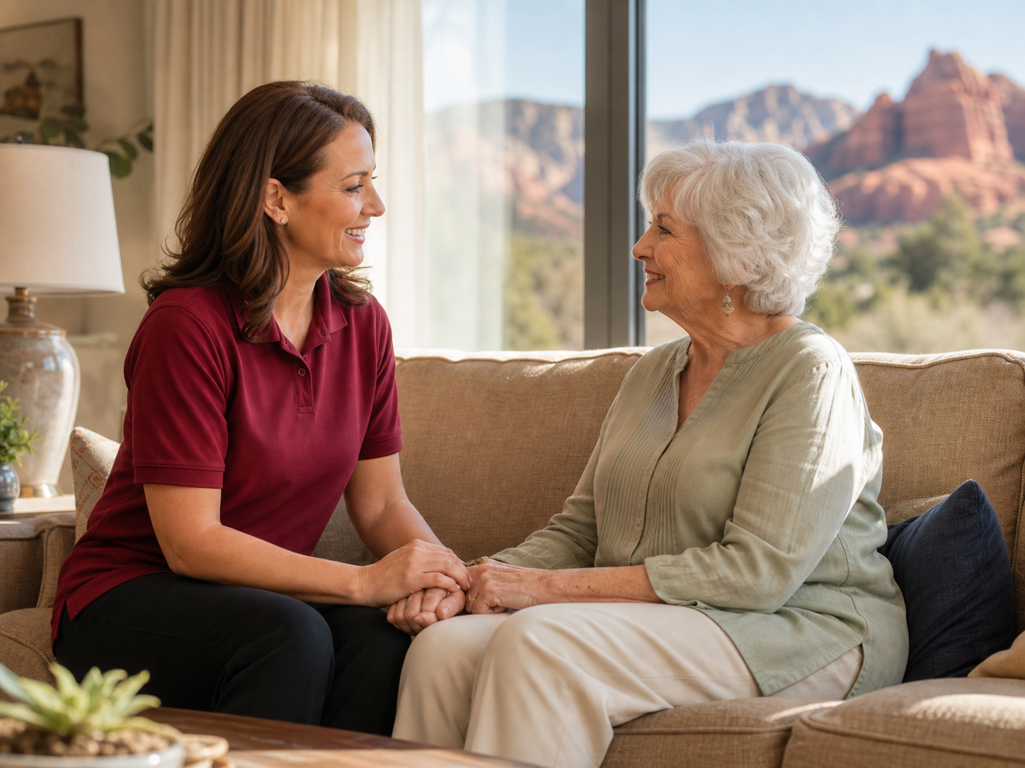 A caring professional spending time with an older adult at home