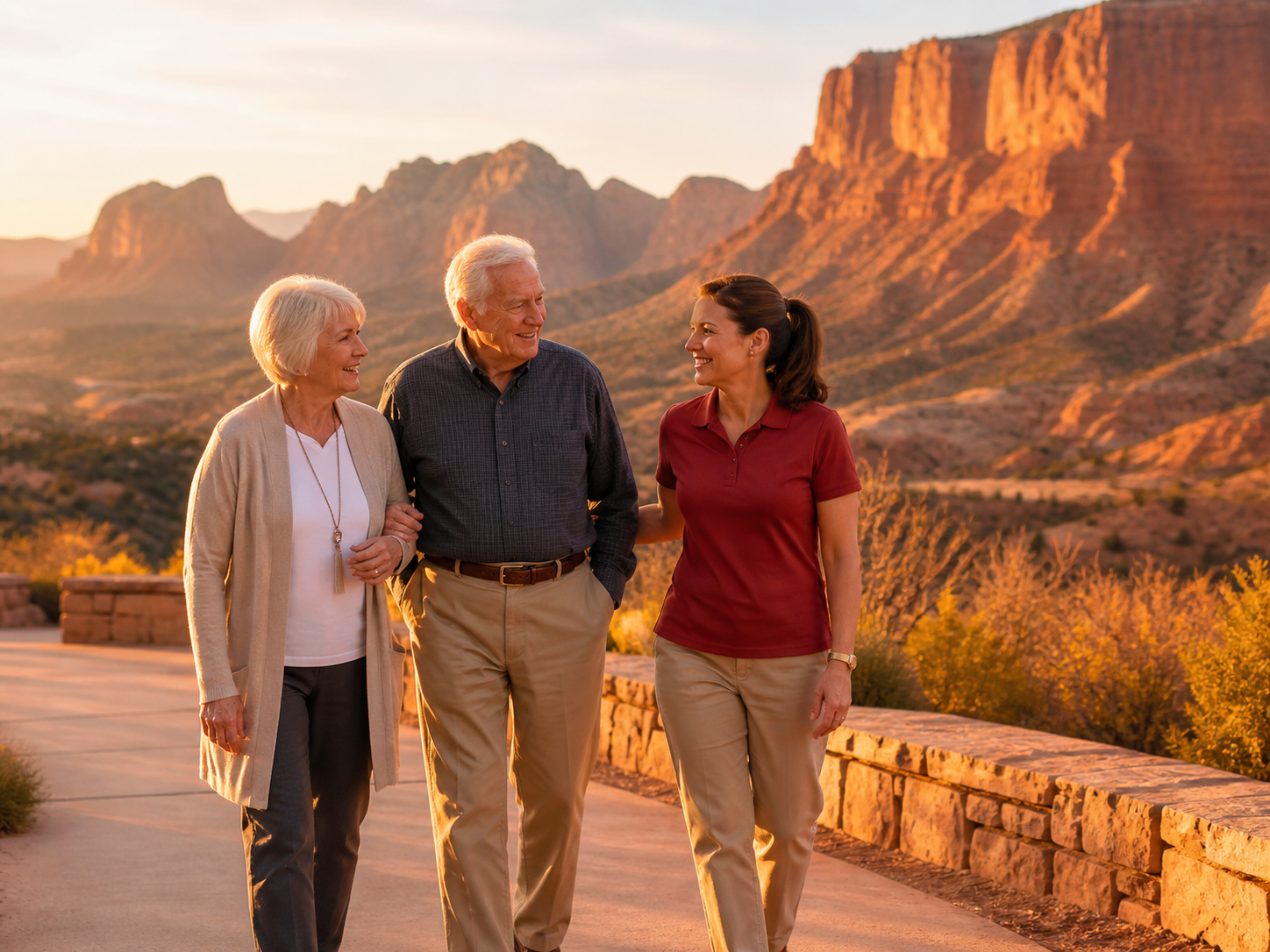 A Red Canyon Senior Services caregiver walking with local seniors in Southern Utah